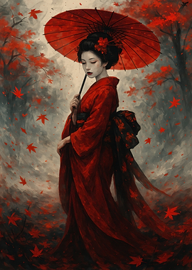 Geisha in Red Kimono with Umbrella