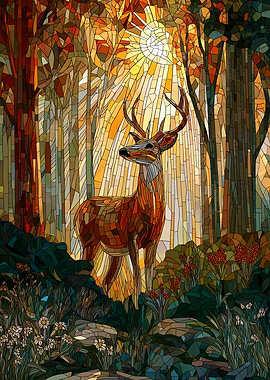 Stained Glass Deer in Forest