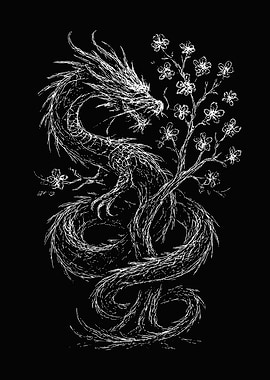 Dragon and Cherry Blossom Scribble Art