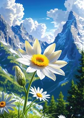 Daisy Field with Mountain Backdrop