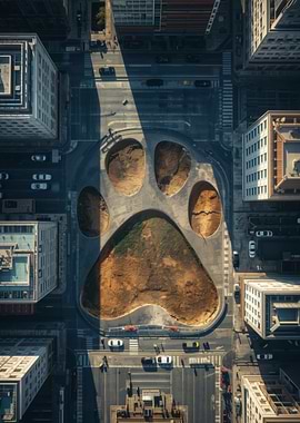 Giant Paw Print in Cityscape