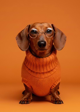Dachshund with Glasses and Orange Sweater