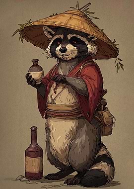 Anthropomorphic Raccoon Samurai with Sake