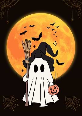 Halloween Ghost with Pumpkin and Broom