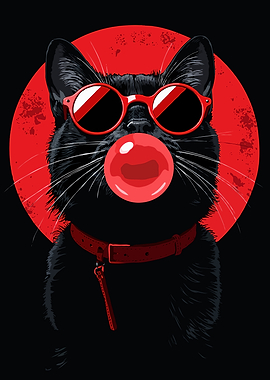 Black Cat with Bubblegum Digital Illustration