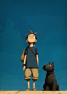 Boy and Dog Looking Upward