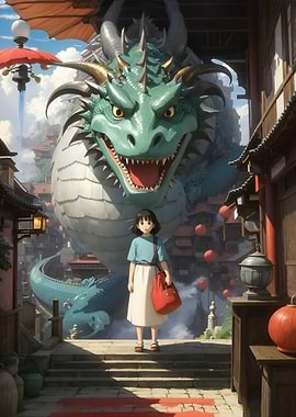 Anime Girl with Dragon in Cityscape