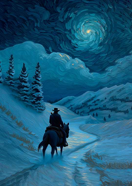 Cowboy on Horseback in Winter Landscape