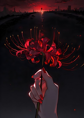 Red Spider Lily in Hand, Dark Landscape