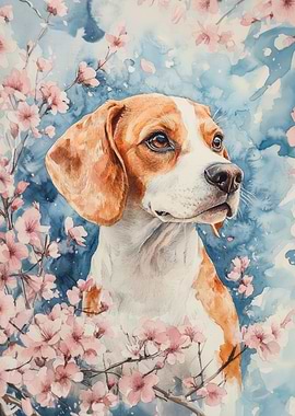 Beagle dog with cherry blossoms watercolor | Floral beagle poster