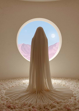 Surreal draped figure in a room