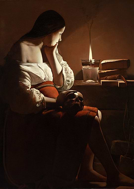 Georges dLa Tour - The Magdalen with the Smokinglame (c. 1640) | Baroque Masterpiece of Light and Reflection