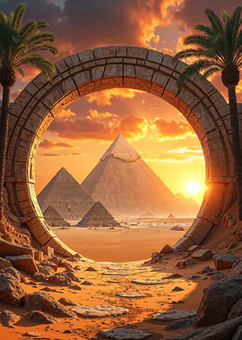 Egyptian Pyramids Through Stone Stargate at Sunset