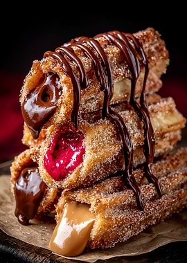 Stacked Churros with Various Fillings and Chocolate