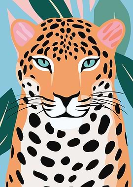 Leopard Portrait with Tropical Leaves