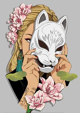 Woman with Kitsune Mask and Flowers