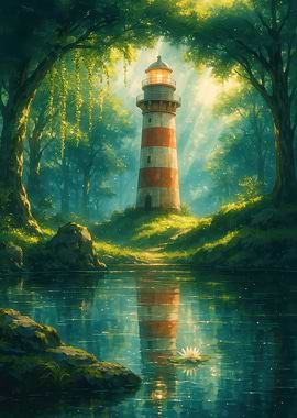 Lighthouse in Forest by the Lake