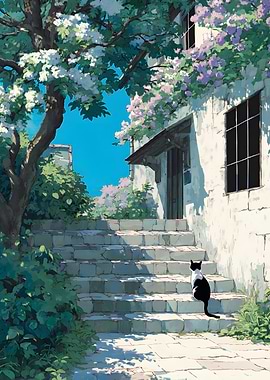 Floral Stairway with Cat Illustration