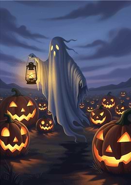 Halloween Ghost with Lantern and Pumpkins