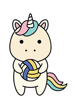 Cute Unicorn Holding Volleyball Cartoon Illustration