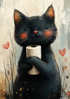 Cute Black Cat with Toilet Paper