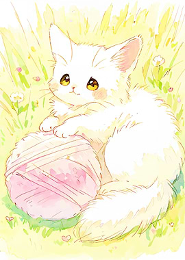 Cute White Kitten with Yarn Ball