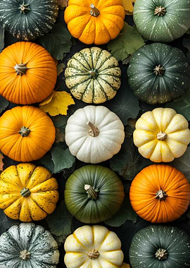 Colorful Pumpkins and Gourds Still Life | Colorful Fall Art