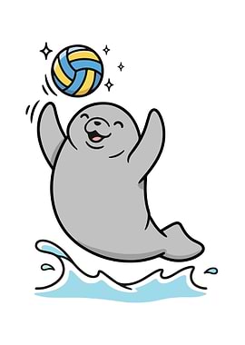 Cartoon Seal Playing Volleyball on Water