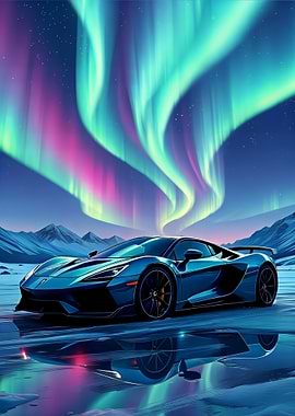Blue Sports Car Under Aurora Borealis