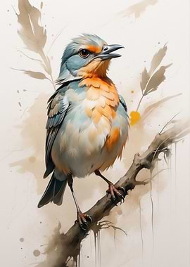 Watercolor Bird on Branch Illustration