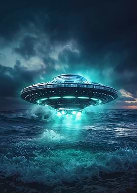 UFO over ocean with blue light