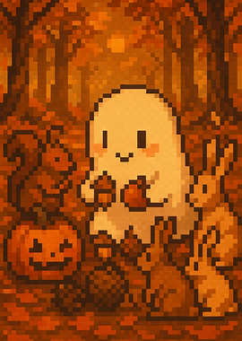 Pixel Art Autumn Ghost with Animals