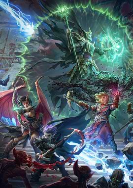 Fantasy Battle Scene with Magic and Monsters