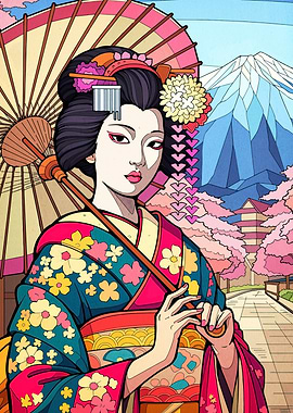 Geisha with Umbrella and Mount Fuji