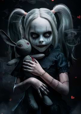 Creepy Doll Girl with Stitched Rabbit