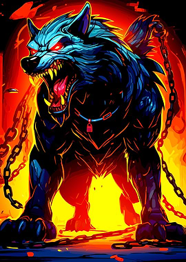 Angry Wolf with Chains and Fire