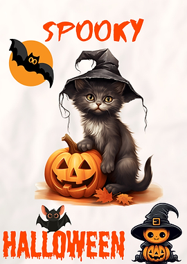 Spooky Halloween Cat with Pumpkin