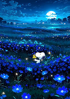 Snoopy and Woodstock in Blue Flower Field