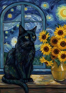 Black Cat with Sunflowers, Starry Night