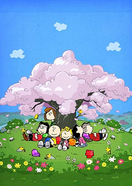 Peanuts gang under cherry blossom tree