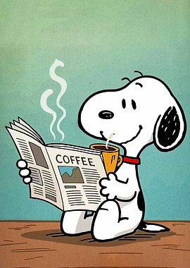 Snoopy reading newspaper with coffee