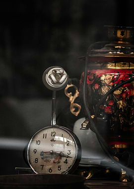 Vintage Clock and Samovar Still Life