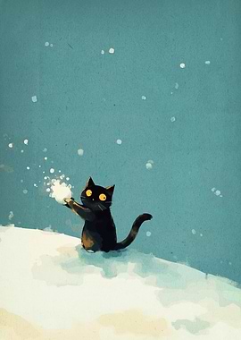 Black Cat Playing in the Snow