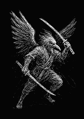 Winged Crow Warrior with Dual Swords