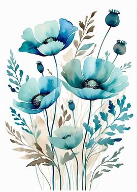 Watercolor Blue Poppy Floral Arrangement