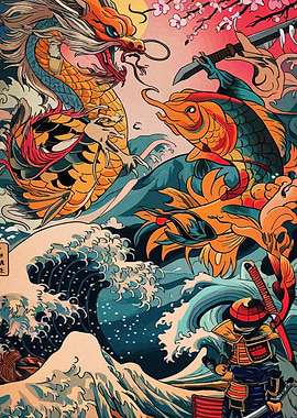 Dragon, Koi, Samurai, and Ocean Art