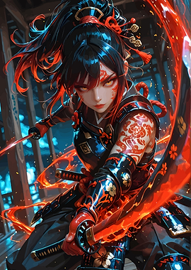 Female Samurai Warrior with Red Accents