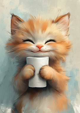 Smiling Cat Holding Toilet Paper Roll