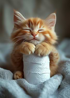 Ginger Kitten Hugging Toilet Paper Roll