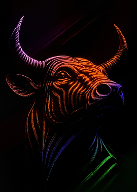 Neon Bull Head on Black Background